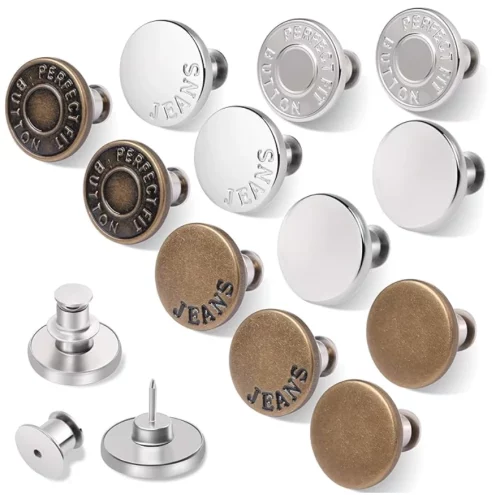 12 Sets Button Pins for Loose Jeans, No Sew and No Tools Instant Replacement Snap Tack Pant Button,  Reusable and Adjustable Metal Pants Button Tightener