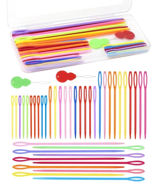 40PCS Plastic Needles – 4 Sizes with Large Eye, Plastic Sewing Needle with Threader and Box, Yarn Needles for Crochet and Canvas, Crochet Needle for Handmade Crafts