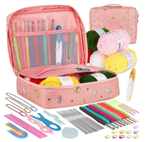 Crochet Kit for Beginners Adults, Crochet Kits Include Yarn, 59pcs Crochet Starter Kit for Beginners,Ergonomic Crochet Hooks 2,0-6,0 mm, Lace Steel Needles 0,6-1,9 mm