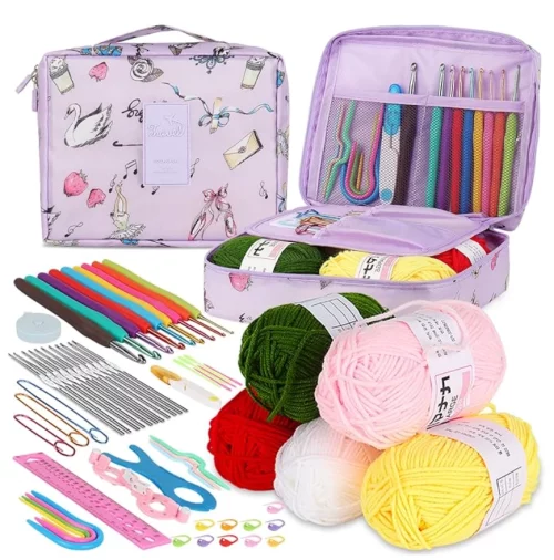 Beginner Crochet Kit, 59pcs Crochet Starter Kit for Adults and Kids, Basic Crochet & Knitting Supplies Kit for Beginners,Travel Crochet Kit Small with Purple Storage Bag